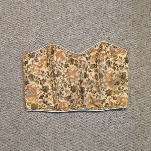 Y2K Vtg Victorias Secret Large Gold Silk Dragon Floral Corset Top Lace Up Satin